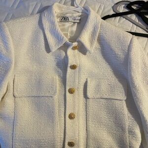 Zara Women's Textured Cream Blazer with Gold Accents